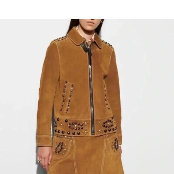 NWOT Coach lamb suede studs tan cognac jacket - Picture 10 of 11